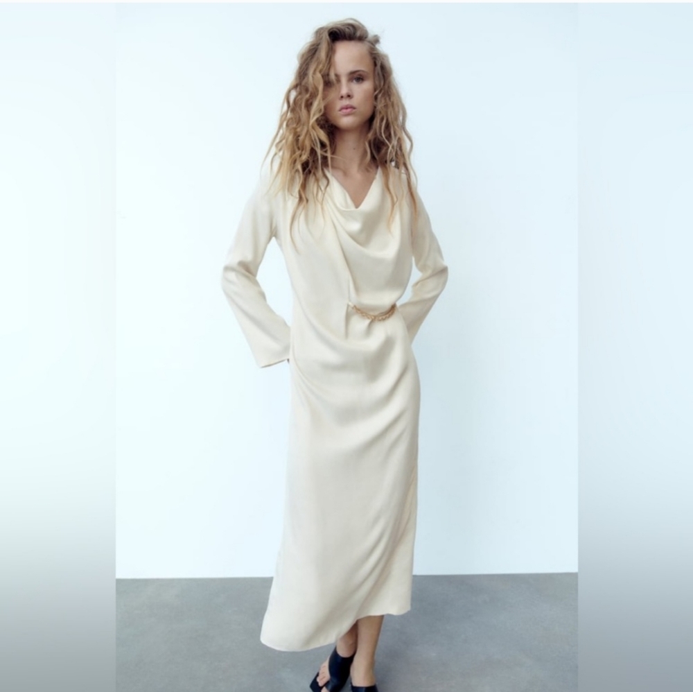 ZARA CHAIN TRIM SATIN EFFECT MIDI DRESS ECRU
